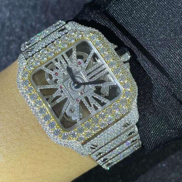 Cartier Skeleton VVS Diamond Men Watch, Stainless Steel White & Yellow Gold Plated Men Watch For Birthday Gift