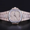 Patek Philippe Geneve Round & Baguette VVS Diamond Men Automatic Watch, Rose Gold Plated Full Iced Out Men Watch For Birthday Gift