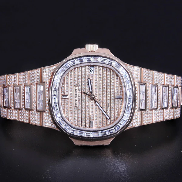Patek Philippe Geneve Round & Baguette VVS Diamond Men Automatic Watch, Rose Gold Plated Full Iced Out Men Watch For Birthday Gift