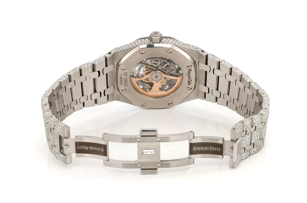 Audemars Piguet Skeleton VVS Diamond Fully Iced Out Men Watch, Stainless Steel Skeleton White Gold Plated VVS Diamond Watch For Men