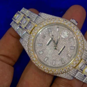 Rolex Datejust Baguette & Round VVS Diamond Men Watch, 42mm Dial Yellow & White Gold 2 Tone Plated Stainless Steel Men Watch For Gift, Fully Iced Out Birthday Gift Watch For Him