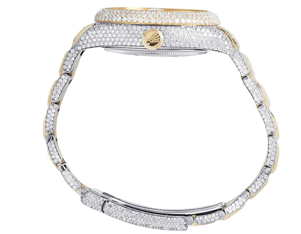 Rolex Sky Dweller Round VVS Diamond Men Watch, 42mm Dial Yellow & White Gold 2 Tone Plated Stainless Steel Men Watch For Gift, Fully Iced Out Birthday Gift Watch For Him