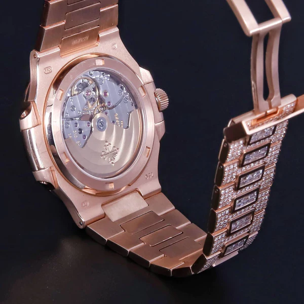 Patek Philippe Geneve Round & Baguette VVS Diamond Men Automatic Watch, Rose Gold Plated Full Iced Out Men Watch For Birthday Gift
