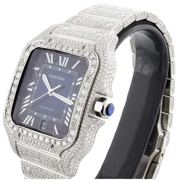Cartier Santos VVS Diamond Men Watch, Stainless Steel White Gold Plated Men Watch For Birthday Gift