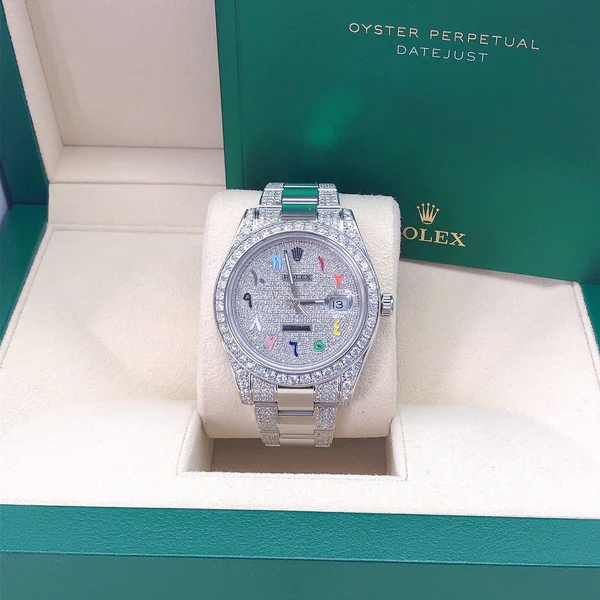 Rolex Oyester Datejust White Dial VVS Diamond Men Watch, 41mm Dial White Gold Plated Stainless Steel Men Watch For Gift, Fully Iced Out Birthday Gift Watch For Him