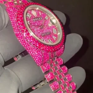 Rolex Datejust Jubilee Pink Sapphire Diamond Men Watch, 41mm Dial Gold Plated Stainless Steel Men Watch For Gift, Fully Iced Out Birthday Gift Watch For Him