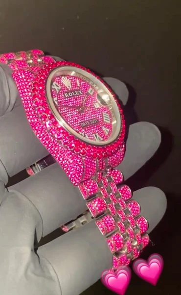 Rolex Datejust Jubilee Pink Sapphire Diamond Men Watch, 41mm Dial Gold Plated Stainless Steel Men Watch For Gift, Fully Iced Out Birthday Gift Watch For Him