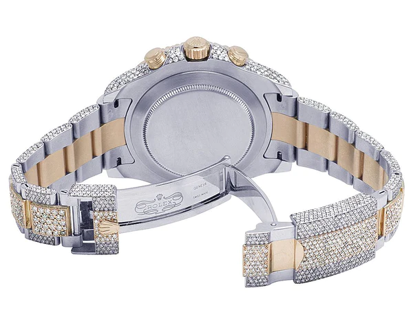 Rolex Yatch Master Round VVS Diamond Iced Out Men Watch, White 42mm Dial Rose & White Gold 2 Tone Plated Stainless Steel Men Watch For Gift, Fully Iced Out Birthday Gift Watch For Him