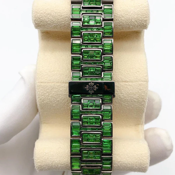 Patek Philippe Green Baguette Diamond Men Automatic Watch, White Gold Plated Men Watch For Birthday Gift