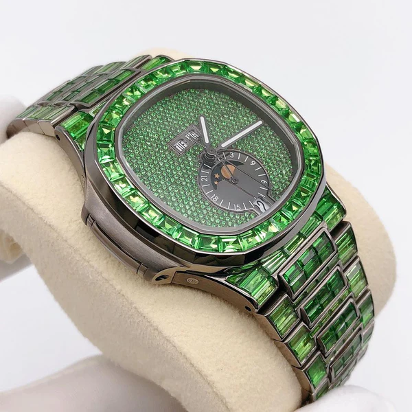 Patek Philippe Green Baguette Diamond Men Automatic Watch, White Gold Plated Men Watch For Birthday Gift