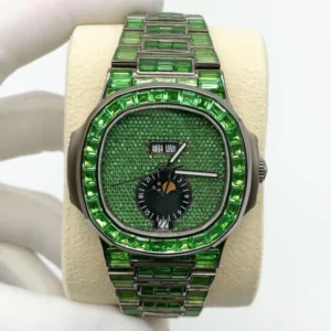 Patek Philippe Green Baguette Diamond Men Automatic Watch, White Gold Plated Men Watch For Birthday Gift