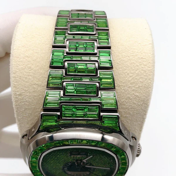 Patek Philippe Green Baguette Diamond Men Automatic Watch, White Gold Plated Men Watch For Birthday Gift