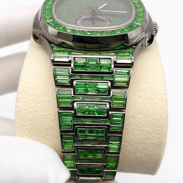 Patek Philippe Green Baguette Diamond Men Automatic Watch, White Gold Plated Men Watch For Birthday Gift