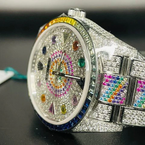Rolex Oyster Perpetual Stainless Steel All Diamond Rainbow Watch, Gold Plated VVS Diamond Watch, Diamond Watch Birthday Gift For Him