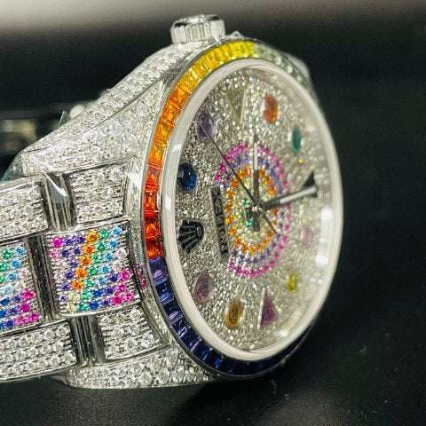 Rolex Oyster Perpetual Stainless Steel All Diamond Rainbow Watch, Gold Plated VVS Diamond Watch, Diamond Watch Birthday Gift For Him