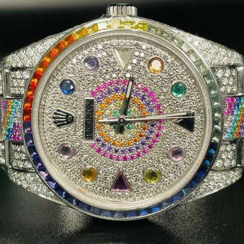 Rolex Oyster Perpetual Stainless Steel All Diamond Rainbow Watch, Gold Plated VVS Diamond Watch, Diamond Watch Birthday Gift For Him