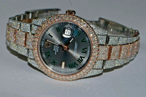 Rolex Datejust Wimbledon Stainless Steel White VVS Diamond Watch, Rose & White Gold 2 Tone Plated VVS Diamond Watch, Diamond Watch Birthday Gift For Him