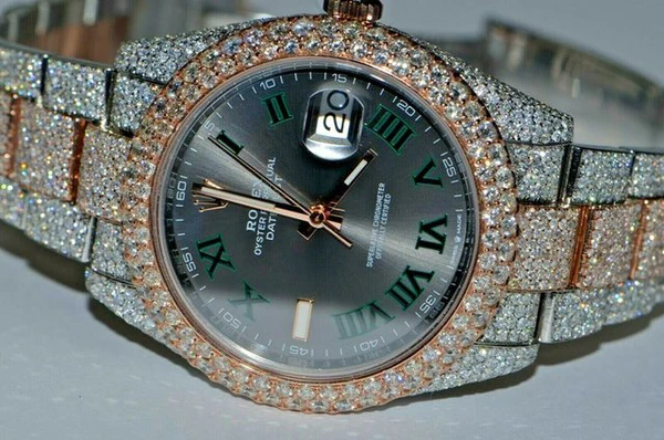Rolex Datejust Wimbledon Stainless Steel White VVS Diamond Watch, Rose & White Gold 2 Tone Plated VVS Diamond Watch, Diamond Watch Birthday Gift For Him