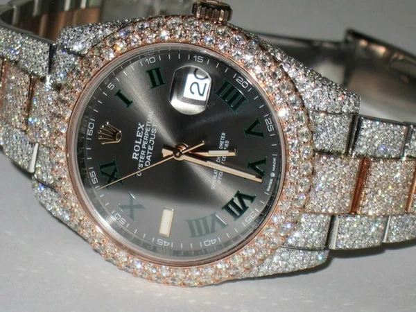 Rolex Datejust Wimbledon Stainless Steel White VVS Diamond Watch, Rose & White Gold 2 Tone Plated VVS Diamond Watch, Diamond Watch Birthday Gift For Him