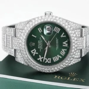Rolex Datejust Presidential VVS Diamond Men Watch, Green 41mm Dial White Gold Plated Stainless Steel Men Watch For Gift, Fully Iced Out Birthday Gift Watch For Him