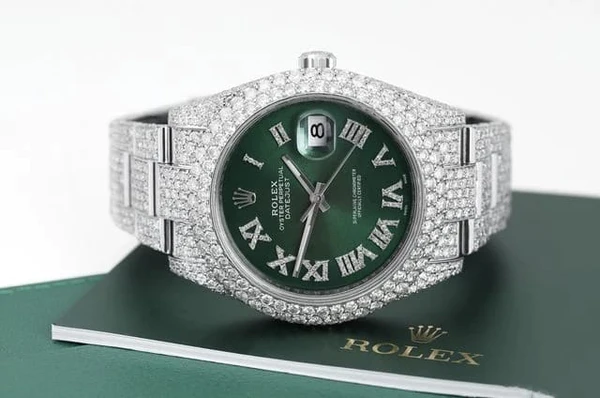 Rolex Datejust Presidential VVS Diamond Men Watch, Green 41mm Dial White Gold Plated Stainless Steel Men Watch For Gift, Fully Iced Out Birthday Gift Watch For Him