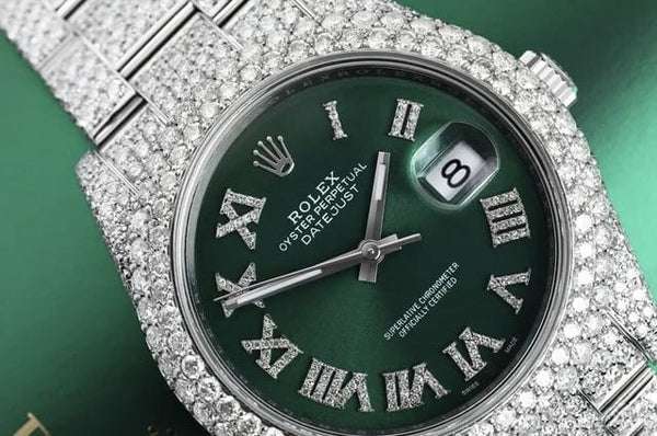 Rolex Datejust Presidential VVS Diamond Men Watch, Green 41mm Dial White Gold Plated Stainless Steel Men Watch For Gift, Fully Iced Out Birthday Gift Watch For Him