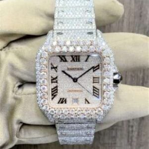 Cartier Santos VVS Diamond Men Watch, Stainless Steel 2 Tone Gold Plated Men Watch For Birthday Gift