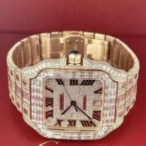 Cartier Santos Round & Baguette VVS Diamond Men Watch, Stainless Steel Rose Gold Plated Men Watch For Birthday Gift