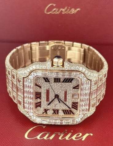Cartier Santos Round & Baguette VVS Diamond Men Watch, Stainless Steel Rose Gold Plated Men Watch For Birthday Gift