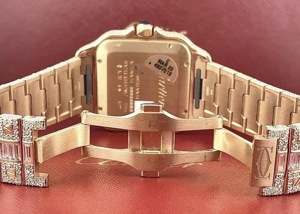 Cartier Santos Round & Baguette VVS Diamond Men Watch, Stainless Steel Rose Gold Plated Men Watch For Birthday Gift
