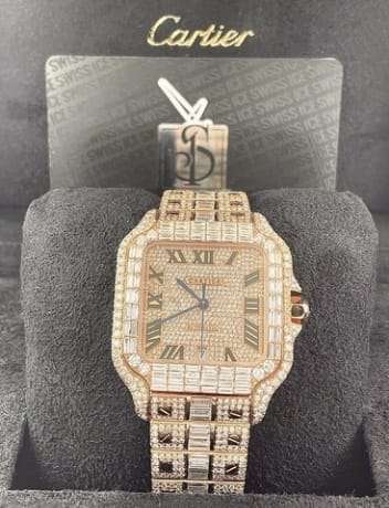Cartier Santos Round & Baguette VVS Diamond Men Watch, Stainless Steel Rose Gold Plated Men Watch For Birthday Gift