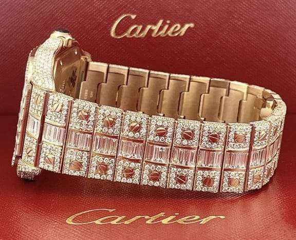 Cartier Santos Round & Baguette VVS Diamond Men Watch, Stainless Steel Rose Gold Plated Men Watch For Birthday Gift