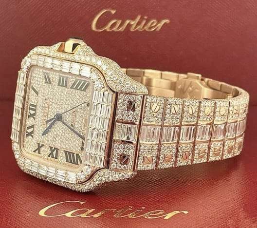 Cartier Santos Round & Baguette VVS Diamond Men Watch, Stainless Steel Rose Gold Plated Men Watch For Birthday Gift