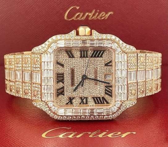 Cartier Santos Round & Baguette VVS Diamond Men Watch, Stainless Steel Rose Gold Plated Men Watch For Birthday Gift