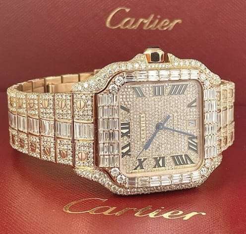 Cartier Santos Round & Baguette VVS Diamond Men Watch, Stainless Steel Rose Gold Plated Men Watch For Birthday Gift