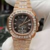 Patek Philippe Geneve Round & Baguette VVS Diamond Men Automatic Watch, Rose Gold Plated Full Iced Out Men Watch For Birthday Gift