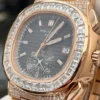 Patek Philippe Geneve Round & Baguette VVS Diamond Men Automatic Watch, Rose Gold Plated Full Iced Out Men Watch For Birthday Gift
