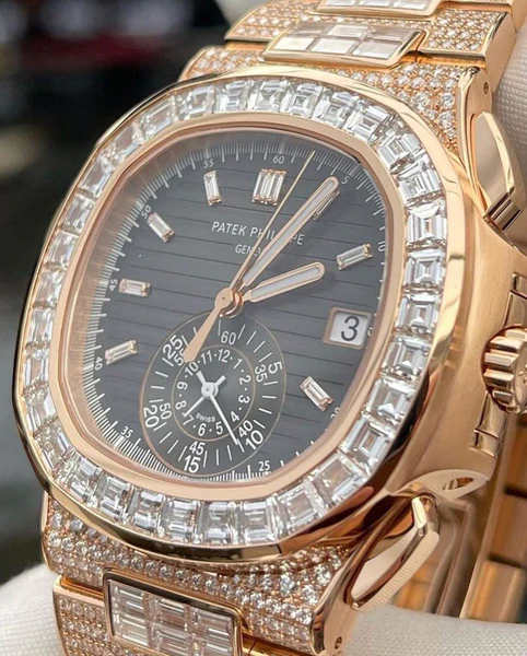 Patek Philippe Geneve Round & Baguette VVS Diamond Men Automatic Watch, Rose Gold Plated Full Iced Out Men Watch For Birthday Gift