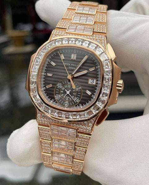 Patek Philippe Geneve Round & Baguette VVS Diamond Men Automatic Watch, Rose Gold Plated Full Iced Out Men Watch For Birthday Gift