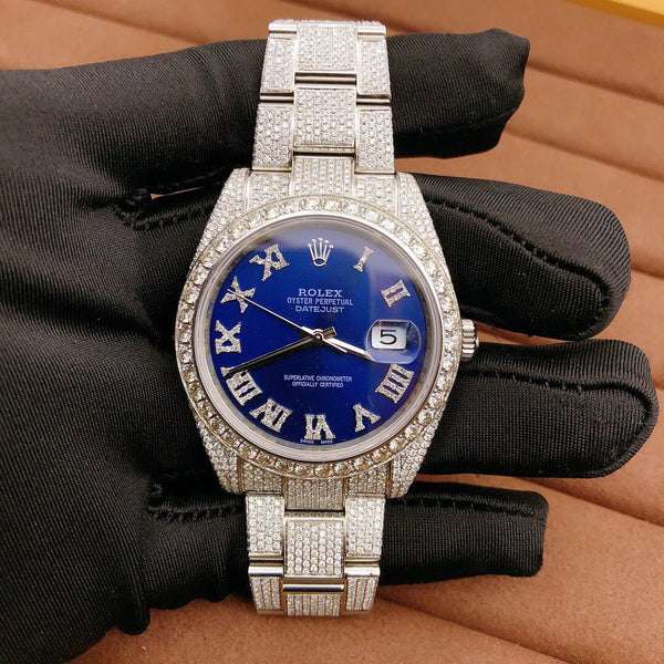 Rolex Blue VVS Diamond Iced Out Men Watch, 41mm Dial White Gold Plated Stainless Steel Men Watch For Gift, Fully Iced Out Birthday Gift Watch For Him