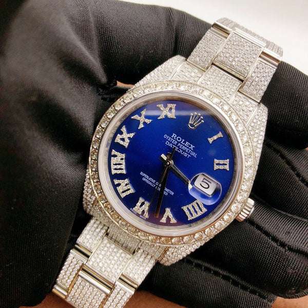 Rolex Blue VVS Diamond Iced Out Men Watch, 41mm Dial White Gold Plated Stainless Steel Men Watch For Gift, Fully Iced Out Birthday Gift Watch For Him