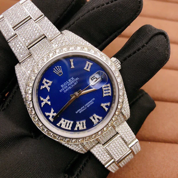 Rolex Blue VVS Diamond Iced Out Men Watch, 41mm Dial White Gold Plated Stainless Steel Men Watch For Gift, Fully Iced Out Birthday Gift Watch For Him