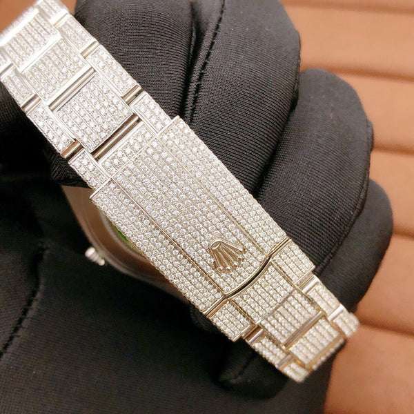 Rolex Blue VVS Diamond Iced Out Men Watch, 41mm Dial White Gold Plated Stainless Steel Men Watch For Gift, Fully Iced Out Birthday Gift Watch For Him