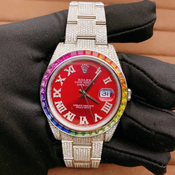 Rolex Red VVS Diamond Iced Out Men Watch, 41mm Dial White Gold Plated Stainless Steel Men Watch For Gift, Fully Iced Out Birthday Gift Watch For Him