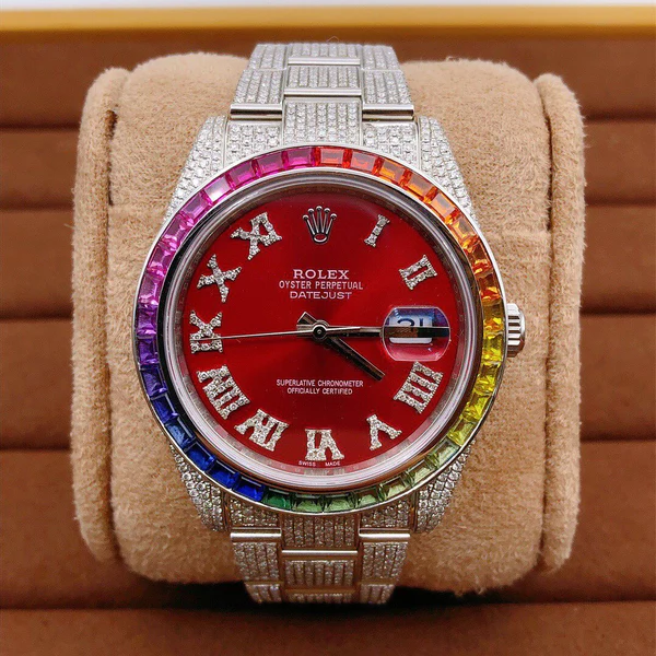 Rolex Red VVS Diamond Iced Out Men Watch, 41mm Dial White Gold Plated Stainless Steel Men Watch For Gift, Fully Iced Out Birthday Gift Watch For Him