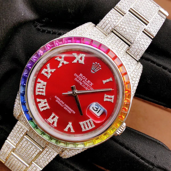 Rolex Red VVS Diamond Iced Out Men Watch, 41mm Dial White Gold Plated Stainless Steel Men Watch For Gift, Fully Iced Out Birthday Gift Watch For Him