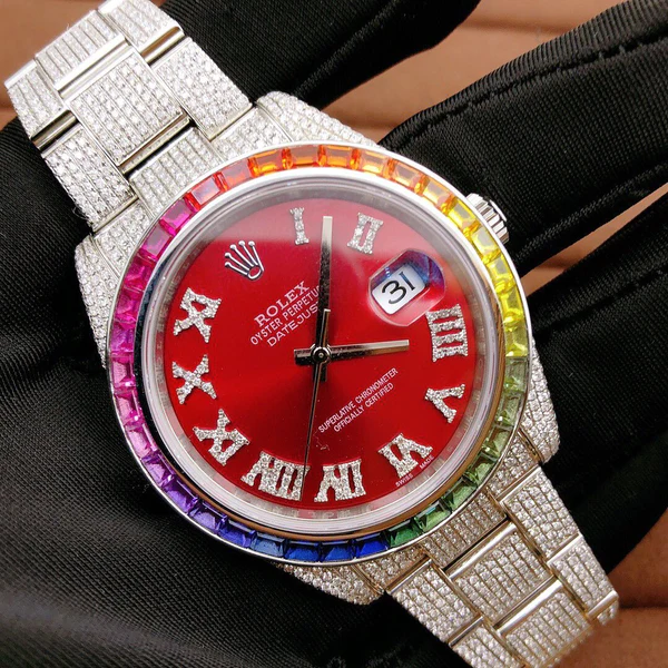 Rolex Red VVS Diamond Iced Out Men Watch, 41mm Dial White Gold Plated Stainless Steel Men Watch For Gift, Fully Iced Out Birthday Gift Watch For Him