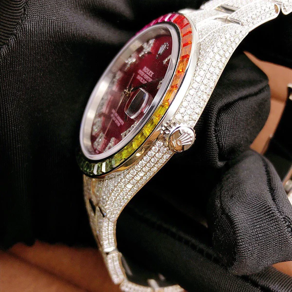 Rolex Red VVS Diamond Iced Out Men Watch, 41mm Dial White Gold Plated Stainless Steel Men Watch For Gift, Fully Iced Out Birthday Gift Watch For Him