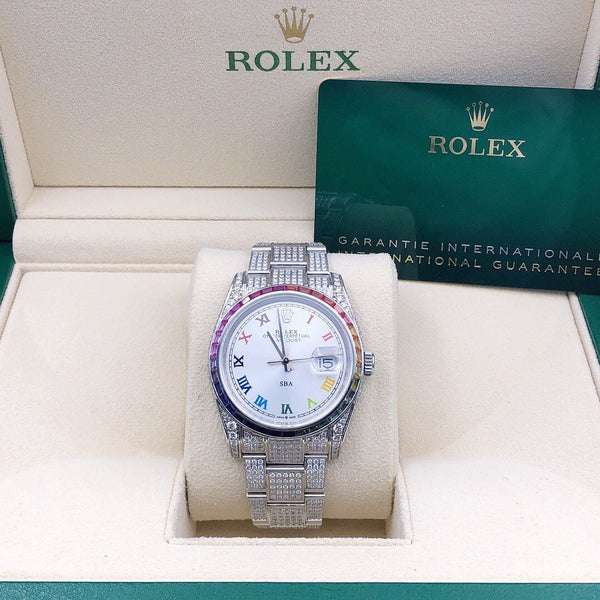 Rolex Datejust White Dial VVS Diamond Iced Out Men Watch, 41mm Dial White Gold Plated Stainless Steel Men Watch For Gift, Fully Iced Out Birthday Gift Watch For Him