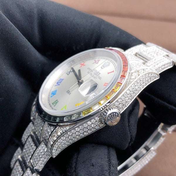 Rolex Datejust White Dial VVS Diamond Iced Out Men Watch, 41mm Dial White Gold Plated Stainless Steel Men Watch For Gift, Fully Iced Out Birthday Gift Watch For Him